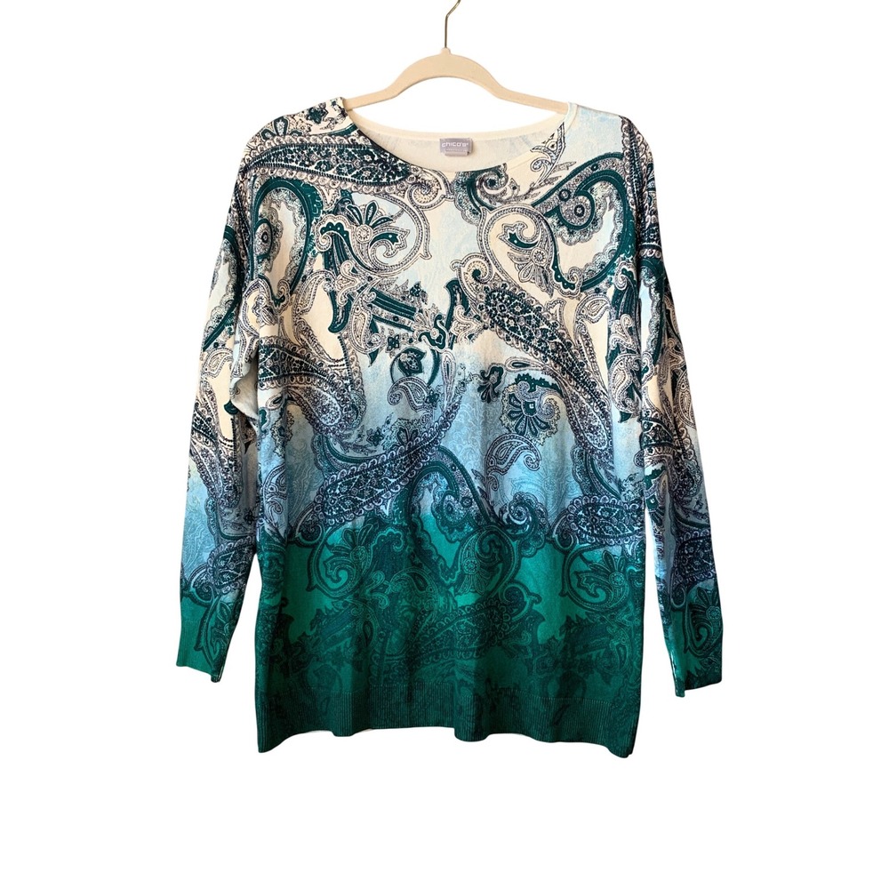 Chicos Teal, Blue, Green Cream Paisley Ombre Long Sleeve Sweater Top Size 0(S)